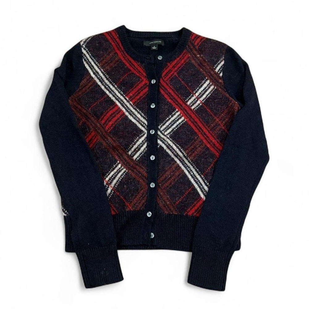 Ann Taylor Plaid Button Front Cardigan Sweater Navy Red White Small